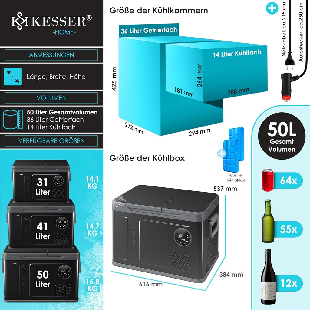 KESSER® Kompressor Kühlbox 2in1 Doppelzone Kühl & Gefrierfach elektrische Gefrierbox mit 2x Kühlakkus & LED-Touch-Bedienung | Kühlschrank Kühlung bis -20 °C für Camping, Auto, Lkw 12/24V 230V
