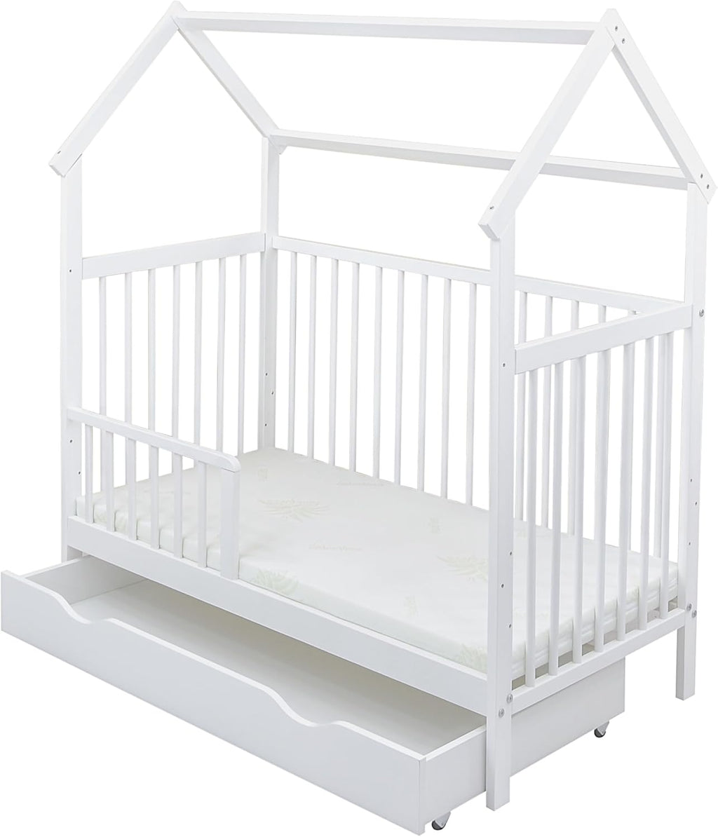 Baby Delux Babybett Komplett Set Hausbett 60x120 cm weiß Schublade Rausfallschutz Kinderbett Matratze Bettwäsche Deko Set (Prince Stars)
