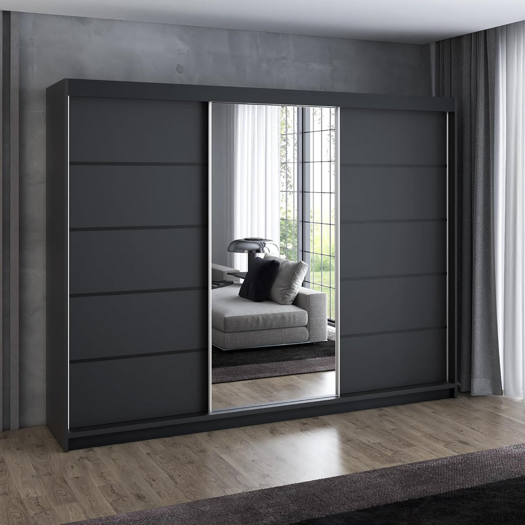 A&J MöbelLand Schwebetürenschrank VILUNO 2 Kleiderschrank 3-türig 200 cm mit Spiegel, 4 Schubladen & 2 Kleiderstangen, Geräumiger Schlafzimmerschrank (Schwarz)
