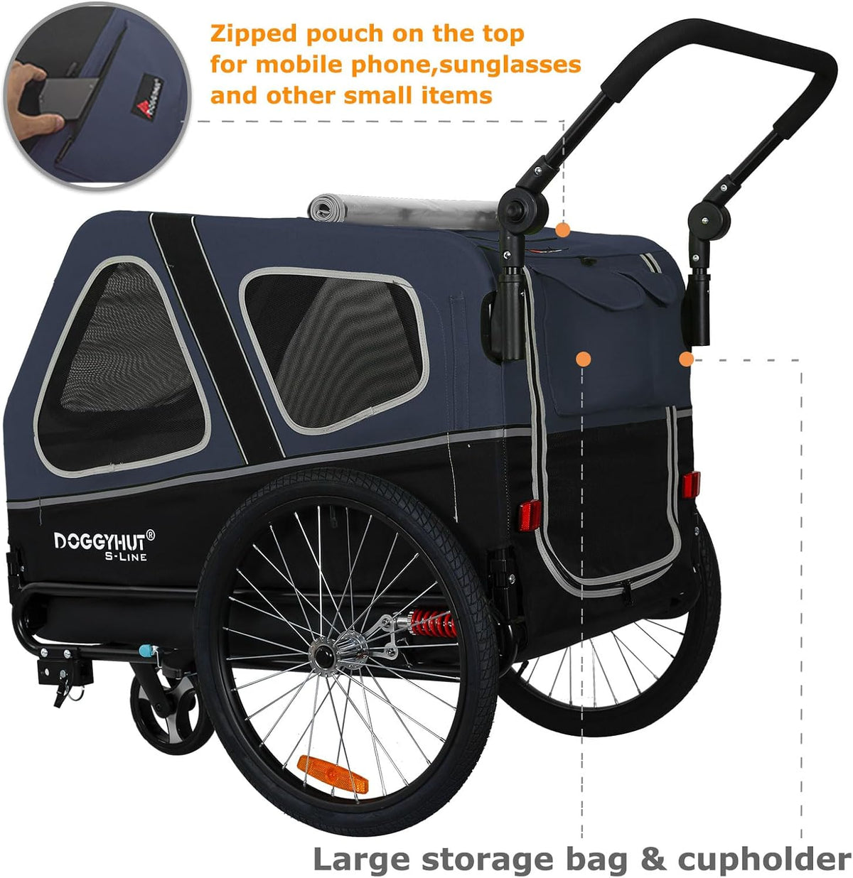 Doggyhut S-Line XL Hundeanhänger & Hundebuggy mit Federung 2 in 1 Hunde Fahrradanhänger Jogger gefedert bis 45 kg