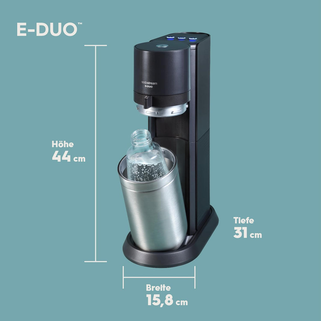 SodaStream elektrischer Wassersprudler E-DUO mit Quick-Connect CO2-Zylinder| inkl. 1x 1L Glasflasche und 2x 1L FUSE Kunststoffflasche (spülmaschinengeeignet) | Farbe: Titan