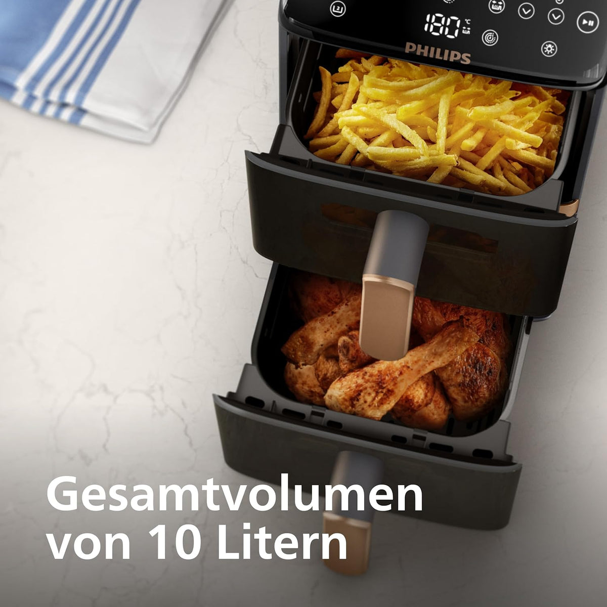 Philips Airfryer 4000 Series Stacked Dual Basket, Gestapelte Heißluftfritteuse mit 2 Körben, 10L, RapidAir Technologie, 45% weniger Platzbedarf, PFAS-freie Keramikbeschichtung, Sichtfenster (NA462/70)