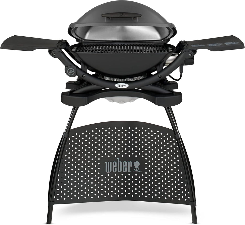 Weber Q2400 Elekrogrill mit Stand + Seitentischen, 54 x 39cm Grillfäche, portable, 2-geteilter porzellanemaillierter Guss-Grillrost, Aluminiumguss Deckel & Gehäuse - Dark Grey (55020879)
