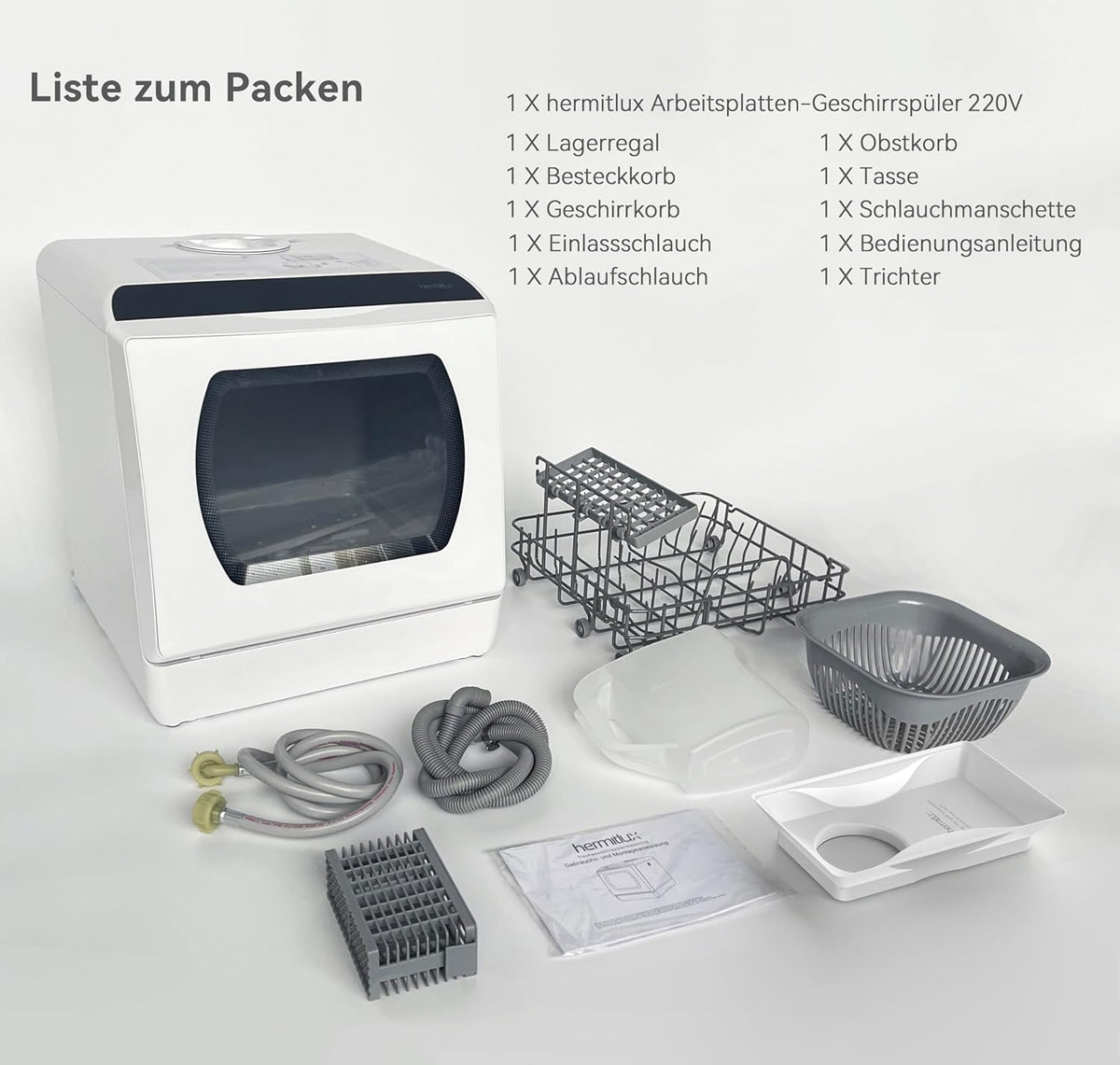 Hermitlux Mini Geschirrspüler, Spülmaschine für 4 Bestecksätze, 5 Liter Wassertank, 6 Programme Mini Tischgeschirrspüler, Perfekt für Wohnungen, Schlafsäle, Camping, Weiß