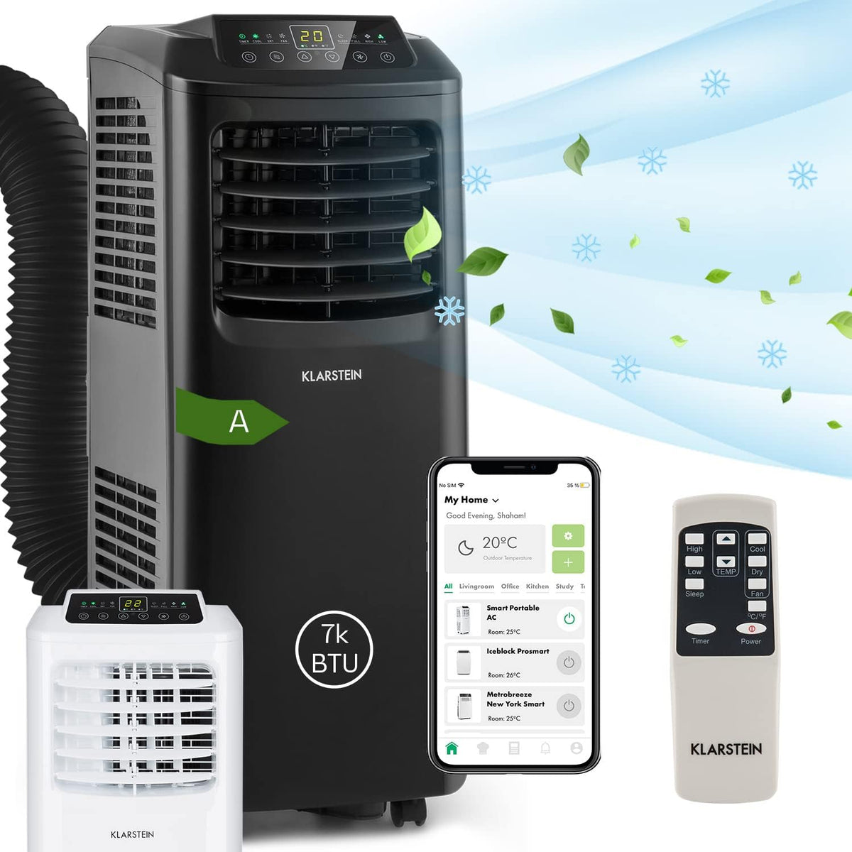 Klarstein Klimaanlage, 4-in-1 Klimagerät, Entfeuchter, Ventilator & Nachtmodus, Mobile Klimaanlage mit Abluftschlauch, App-Steuerung, Air Conditioner für Räume bis 44 m², 9000 BTU, Weiß