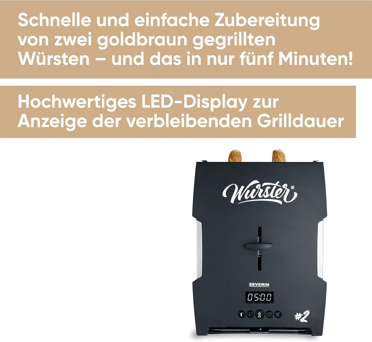 SEVERIN WURSTER, perfekt gebräunte Würstchen auf Knopfdruck in nur 5 Minuten, ohne Zugabe von Fremdfett, inkl. Holzzange, Schwarz, Edelstahl/Kunststoff, WT 5005