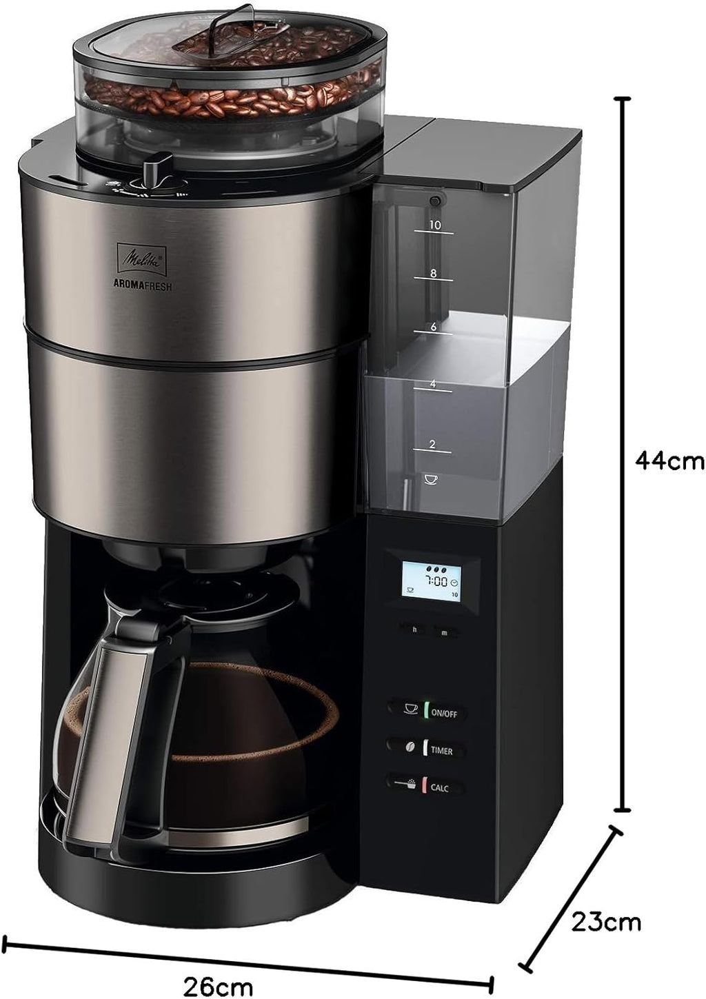 Melitta AromaFresh - Filterkaffeemaschine - mit Glaskanne - integriertes Mahlwerk - Timer Funktion - 10 Tassen - Pure Black