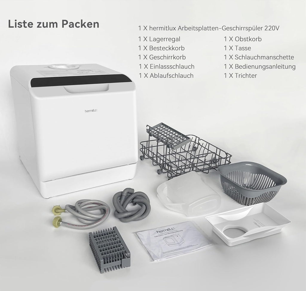 Hermitlux Mini Geschirrspüler, Spülmaschine für 4 Bestecksätze, 5 Liter Wassertank, 6 Programme Mini Tischgeschirrspüler, Perfekt für Wohnungen, Schlafsäle, Camping, Weiß