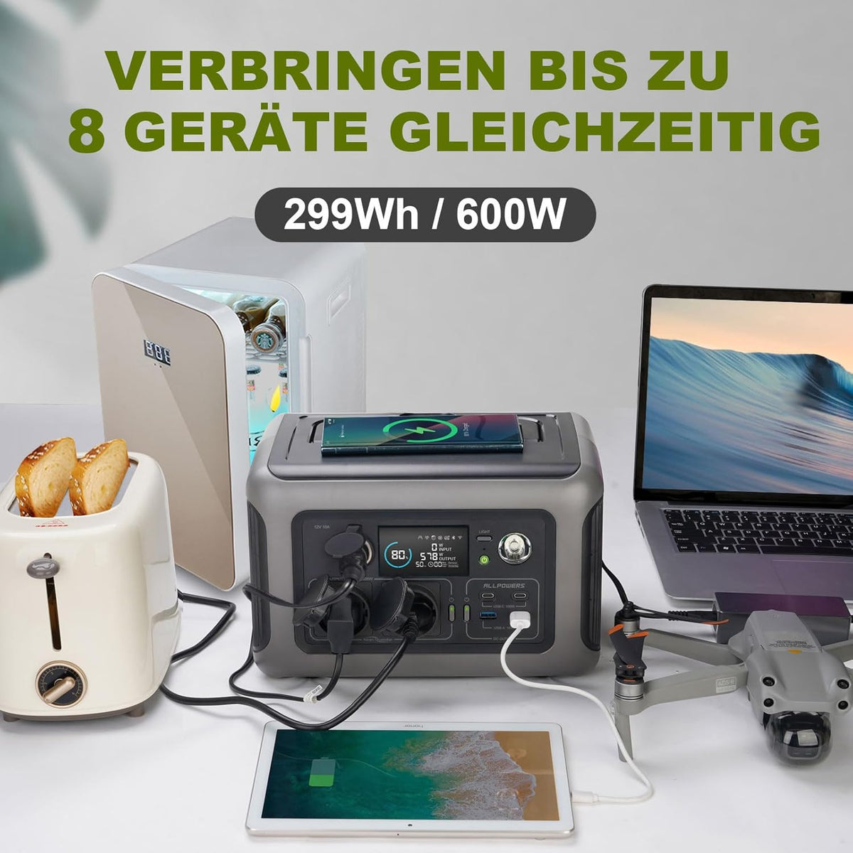 ALLPOWERS Solargenerator R600, 299WH LiFePO4 Batterie, 2x 600W (1200W Spitze) AC Ausgang Tragbare Powerstation mit 100W Solarpanel, Mobile Stromversorgung für Garten Reise Camping Wohnmobil Notfall