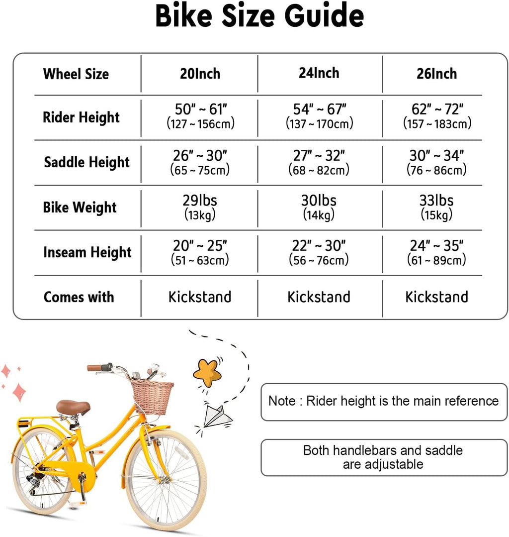 Glerc Missy 20 24 26 Zoll Mädchen City 6-Gang Hybrid Cruiser Fahrrad mit Weidenkorb für Jugend über 6-Jahre alt, mehrere Farben