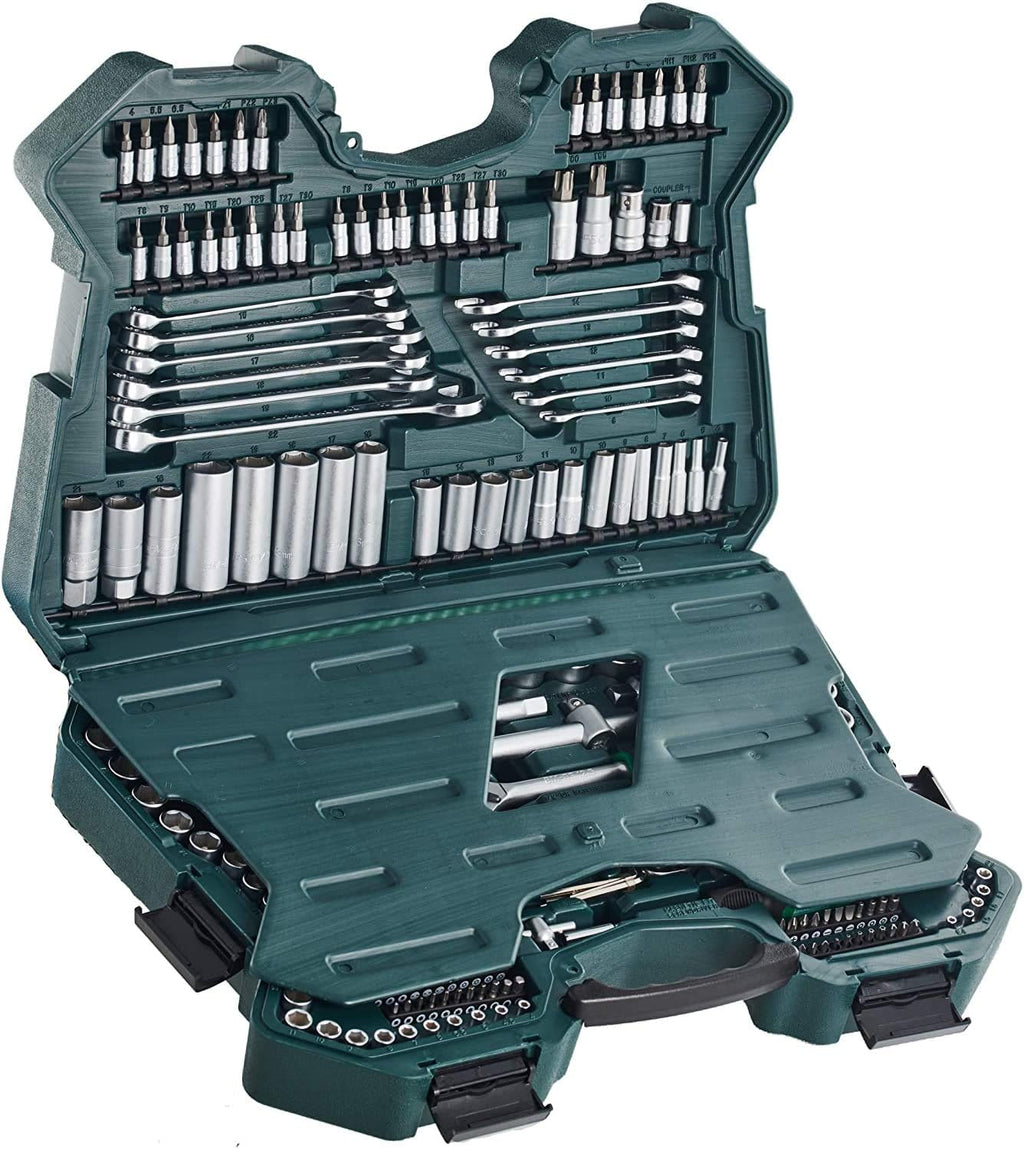 Mannesmann M98430 - Maletín con llaves de vaso y otras herramientas (215 piezas, tamaño: 12x36x51 cm), Color Verde Mannesmann