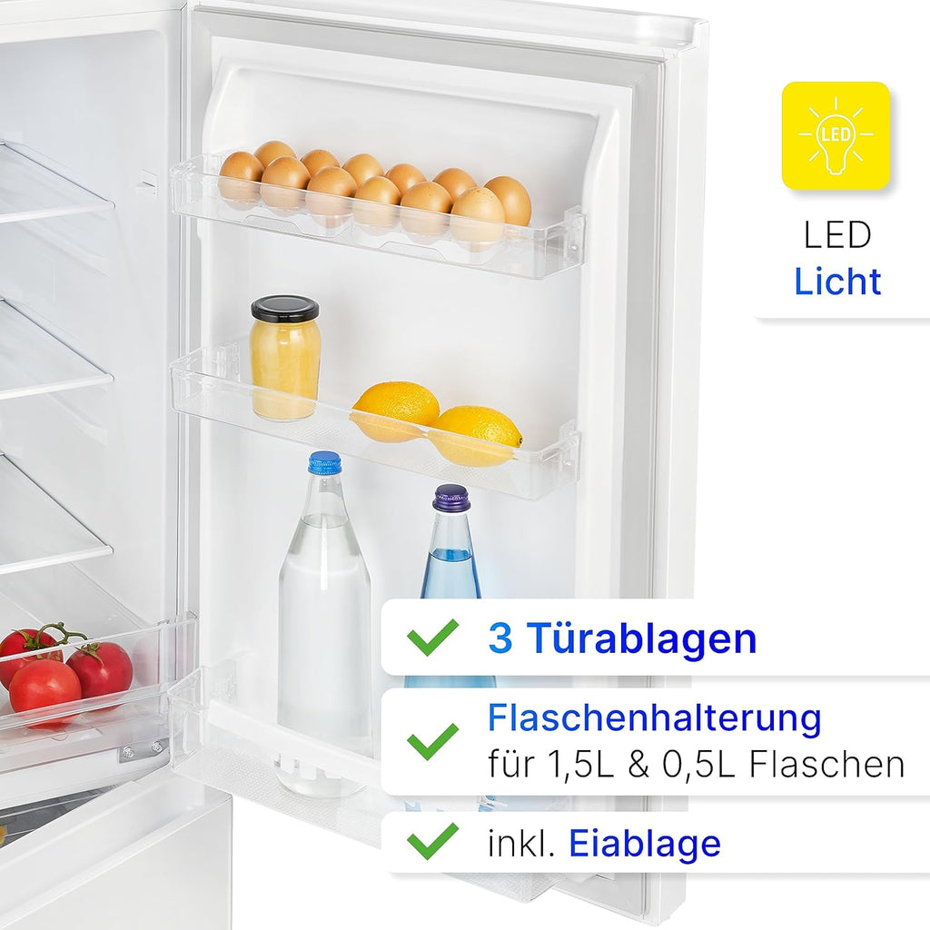Bomann® Kühlschrank mit Gefrierfach 143cm hoch | Kühl Gefrierkombination 175L mit 3 Ablagen & 3 Schubladen | Türanschlag wechselbar | leise Kühlgefrierkombi 39db | Kühlschrank KG 322.1 inox-look