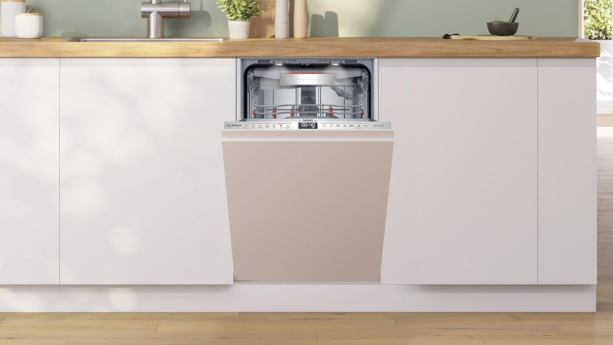 Bosch SPV2IKX10E Serie 2 Smarter Geschirrspüler vollintegriert, 45 cm breit, Besteckkorb, Extra Trocknen auf Knopfdruck, InfoLight roter Lichtpunkt am Boden, AquaStop Schutz gegen Wasserschäden, Weiß