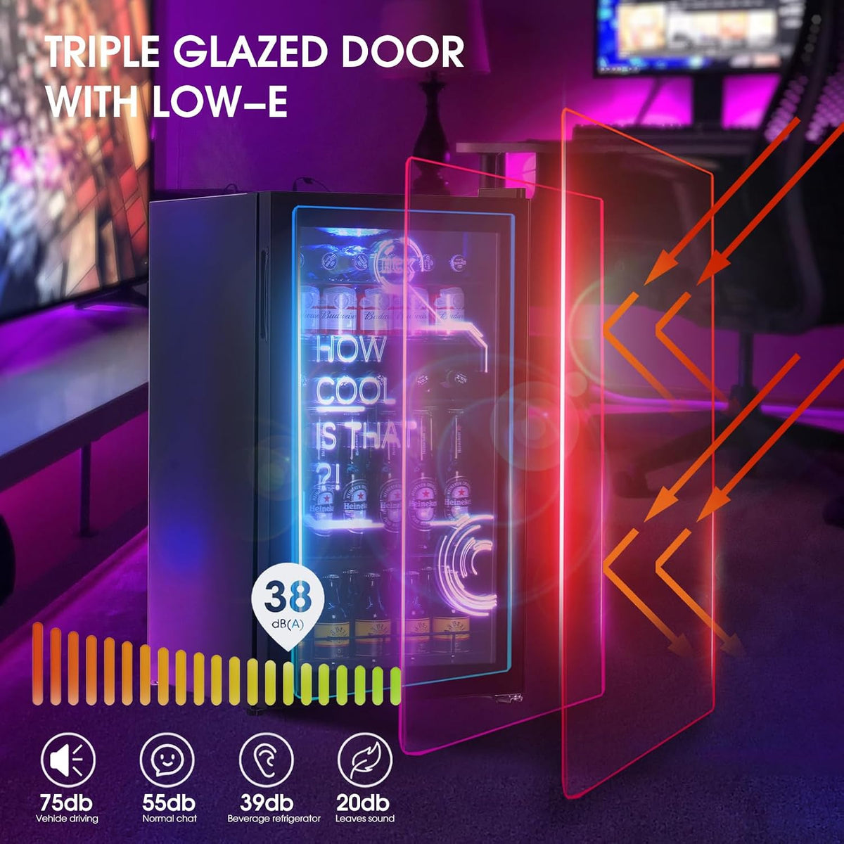 HCK 98L Getränkekühlschrank mit Cyberpunk RGB Beleuchtung, Minibar kleine Kühlschrank mit Glastür, lautlos 39dB, 0-15°C, Bierkühlschrank für Spielzimmer, Küche, Schwarz