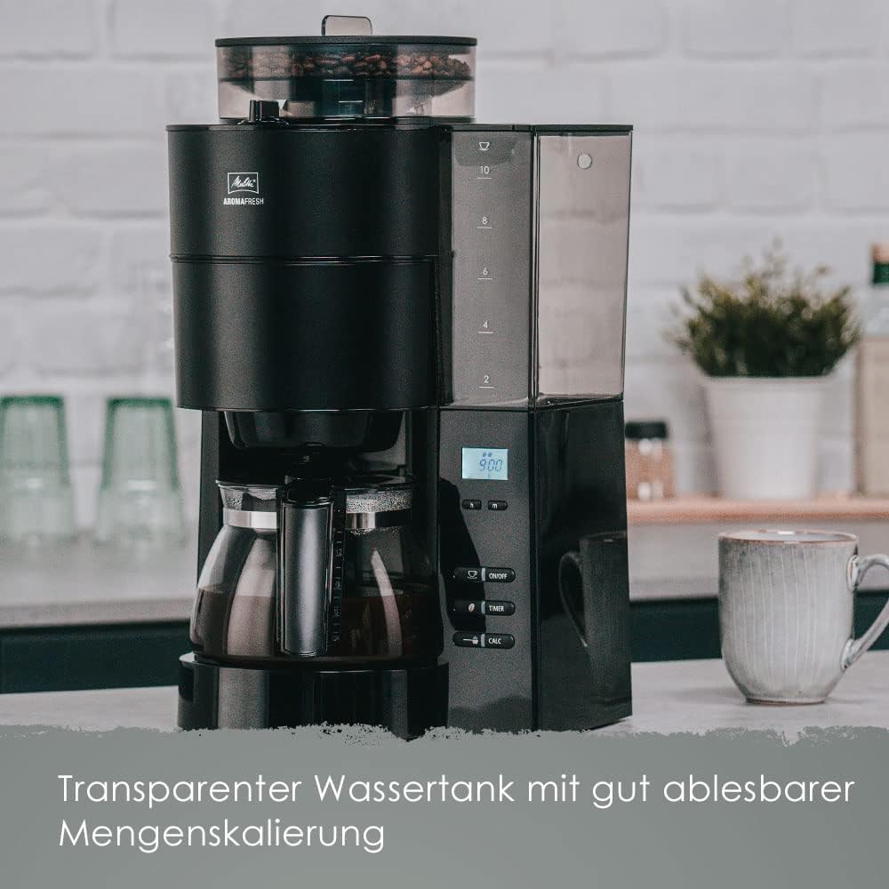 Melitta AromaFresh - Filterkaffeemaschine - mit Glaskanne - integriertes Mahlwerk - Timer Funktion - 10 Tassen - Pure Black