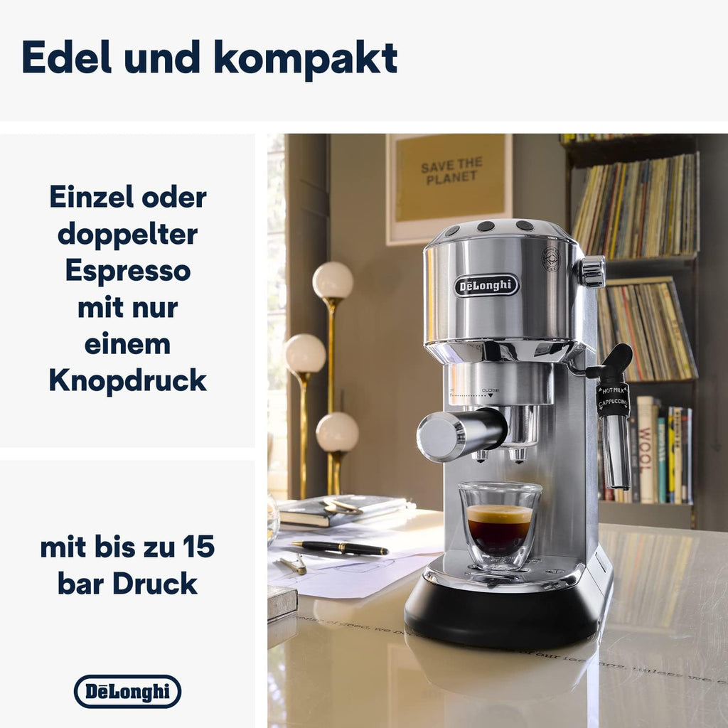 De'Longhi Dedica Style EC 685.M – Espresso Siebtrgermaschine, Espressomaschine mit professionellem Milchaufschumer, nur 15 cm breit, für Kaffeepulver oder ESE Pads, 1 l Wassertank, silber