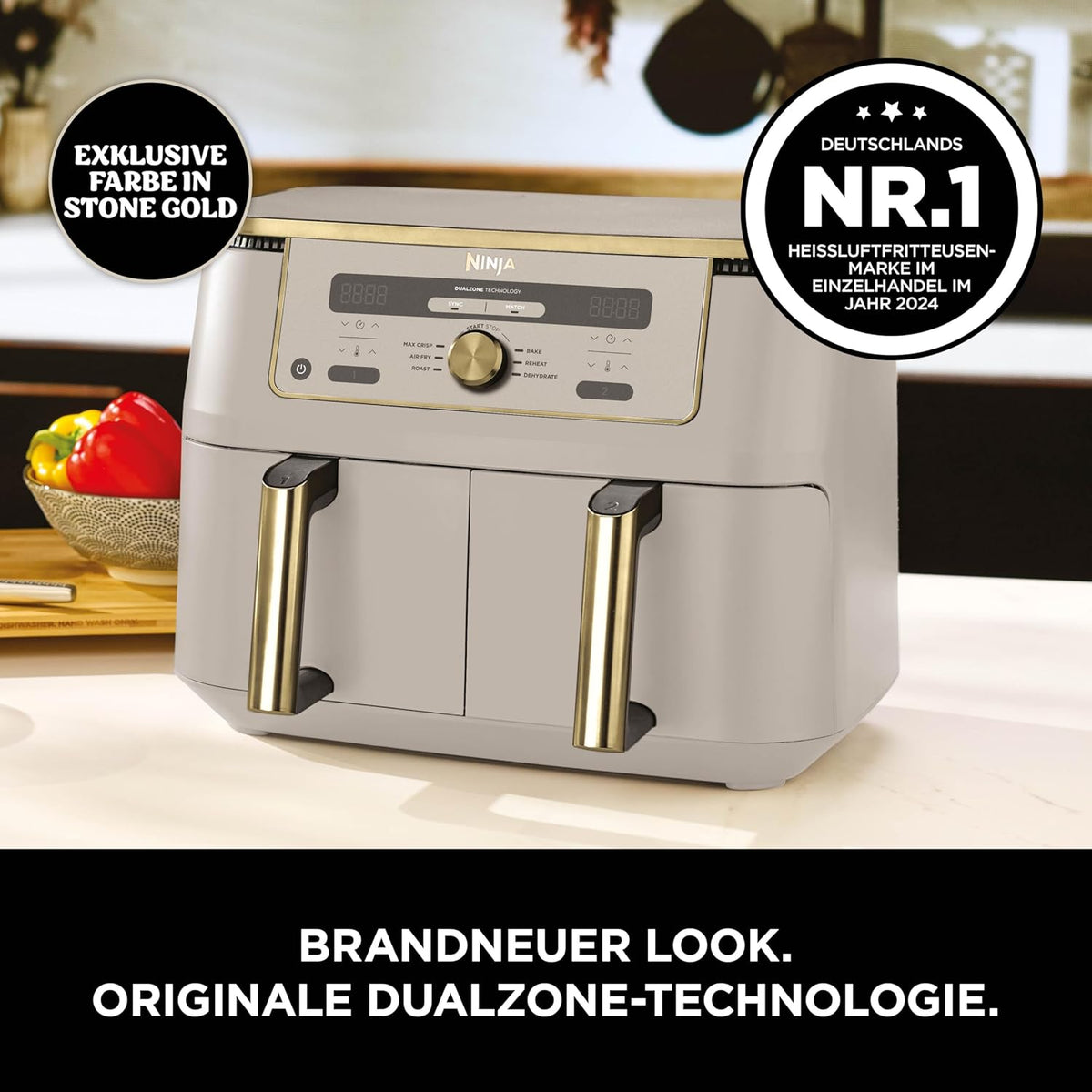 Ninja Dual Zone Digital Air Fryer, 2 Schubladen, 6-in-1, Heißluftfritteuse, 9,5L, Heißluft-Frittieren, Max Crisp, Rösten, Backen, Aufwärmen, Spülmaschinenfeste Körbe, Stone/Gold DZ400EUSTGD