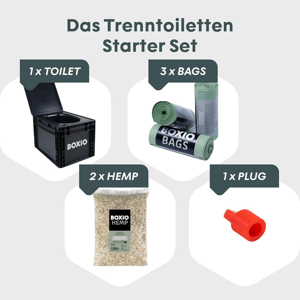 BOXIO - Toilet Plus: Campingtoilette Starter Kit mit Hemp, Plug & Bags, Mobile Trockentrenntoilette ohne Chemie für Camping, Van, Outdoor, Dachzelt: Toilette auf Eurobox Basis ohne Strom für unterwegs