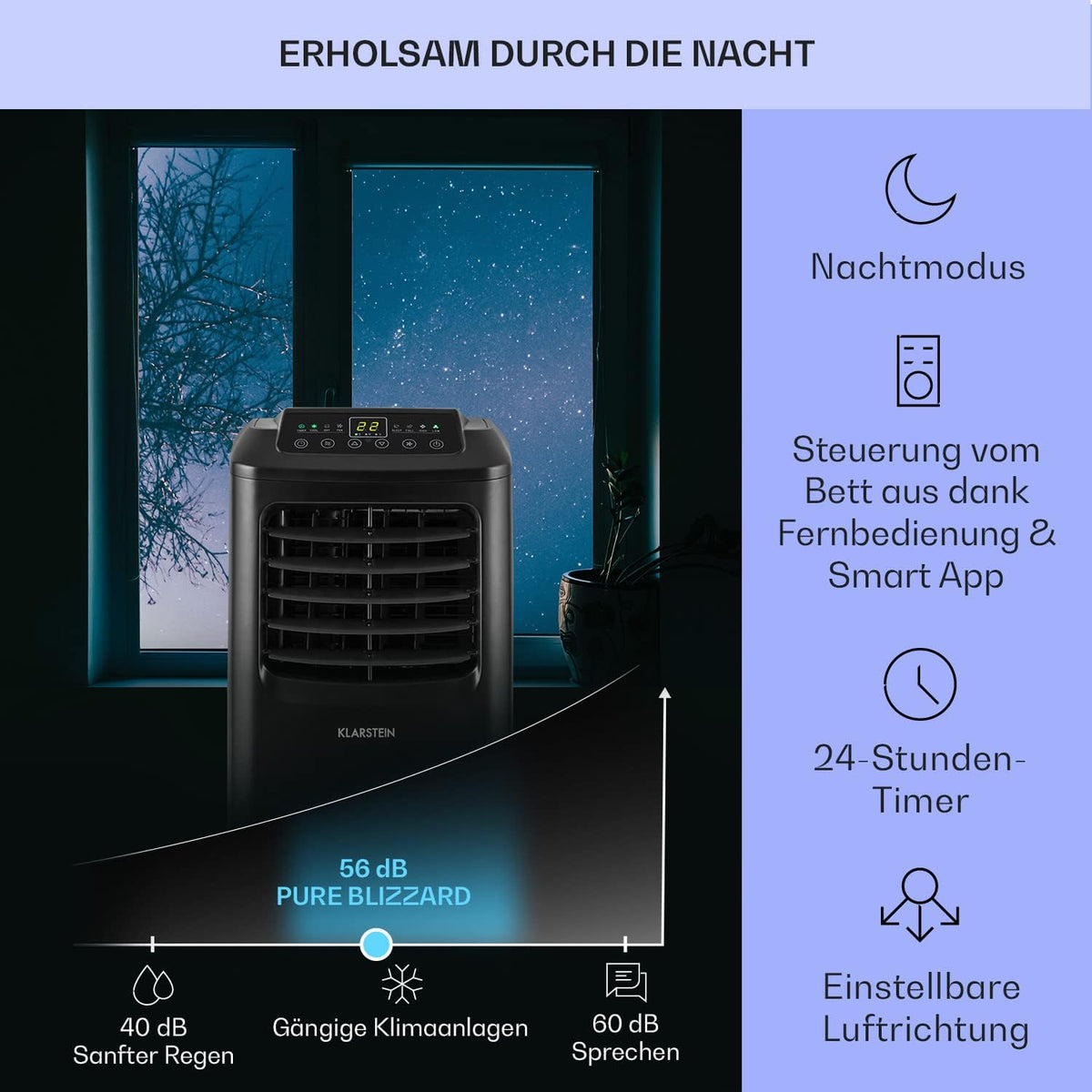 Klarstein Klimaanlage, 4-in-1 Klimagerät, Entfeuchter, Ventilator & Nachtmodus, Mobile Klimaanlage mit Abluftschlauch, App-Steuerung, Air Conditioner für Räume bis 44 m², 9000 BTU, Weiß
