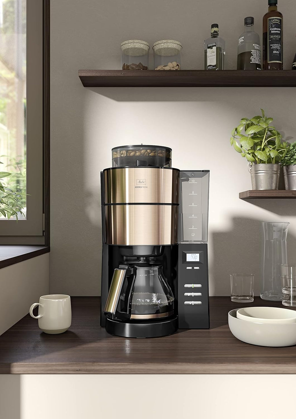 Melitta AromaFresh - Filterkaffeemaschine - mit Glaskanne - integriertes Mahlwerk - Timer Funktion - 10 Tassen - Pure Black