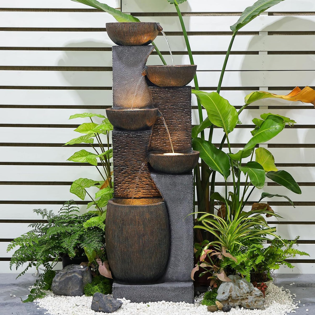 Bumilgar Großer Gartenbrunnen Springbrunnen für Außen mit LED Beleuchtung, 5-stufiger Wasserspiel Wasserfall Brunnen für Garten,Balkon,Terrasse,134x46x37 cm