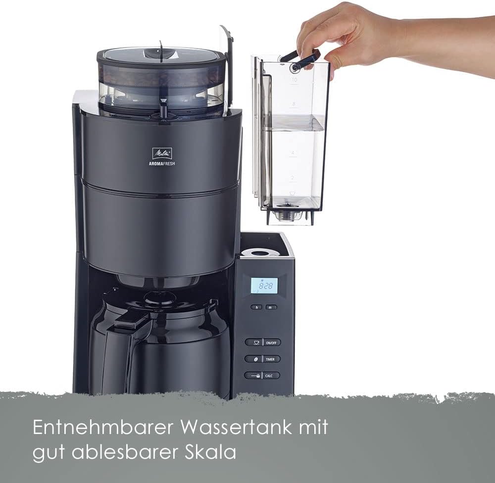 Melitta AromaFresh - Filterkaffeemaschine - mit Glaskanne - integriertes Mahlwerk - Timer Funktion - 10 Tassen - Pure Black