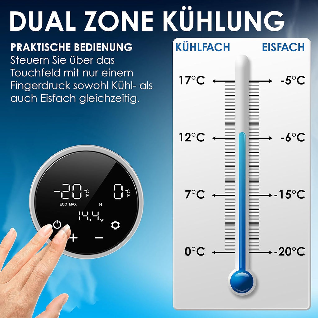 KESSER® Kompressor Kühlbox 2in1 Doppelzone Kühl & Gefrierfach elektrische Gefrierbox mit 2x Kühlakkus & LED-Touch-Bedienung | Kühlschrank Kühlung bis -20 °C für Camping, Auto, Lkw 12/24V 230V