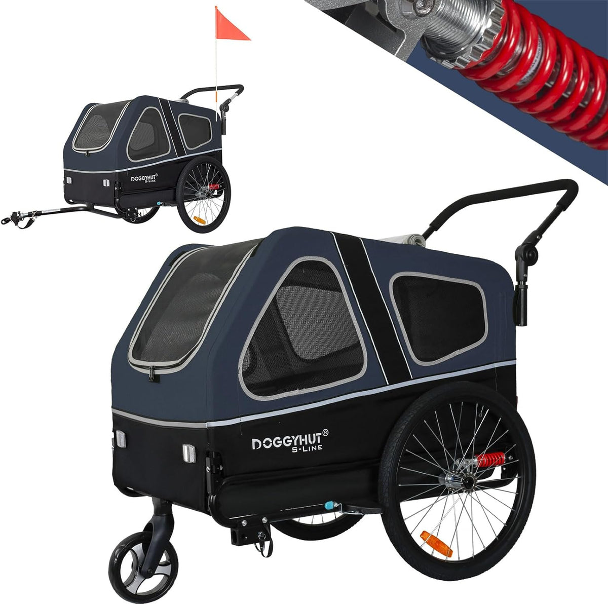 Doggyhut S-Line XL Hundeanhänger & Hundebuggy mit Federung 2 in 1 Hunde Fahrradanhänger Jogger gefedert bis 45 kg