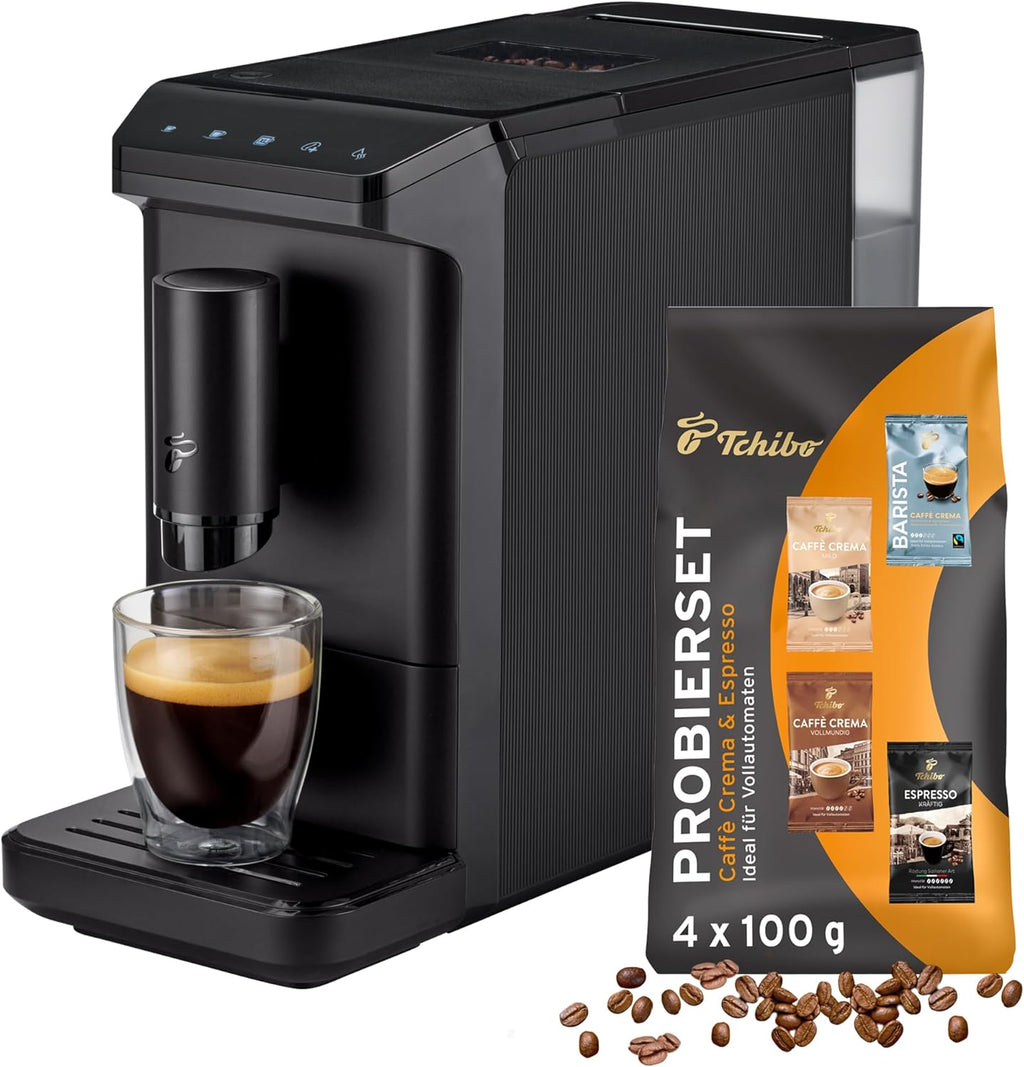 Tchibo Kaffeevollautomat Esperto mini für Caffè Crema und Espresso, nur 16cm breit, klein und kompakt, geeignet für jede Küche, Camping, Studentenapartment, Schwarz - INKLUSIVE Kaffeeprobierset GRATIS