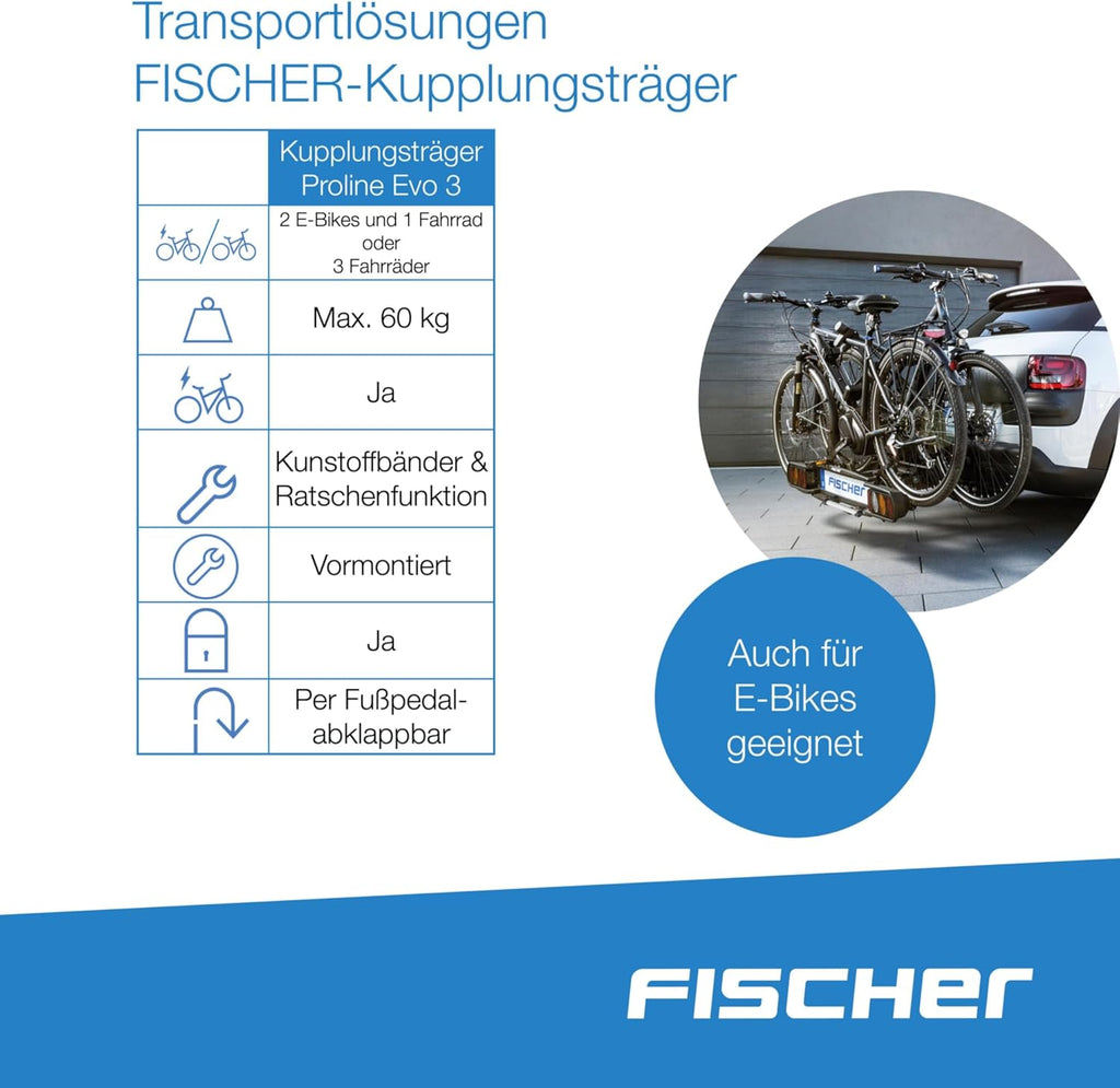 Fischer Kupplungs-Fahrradträger ProlineEvo 2, für 2 Fahrräder bis 60kg Nutzlast, E-Bike geeignet, vormontiert, abschließbar, faltbar