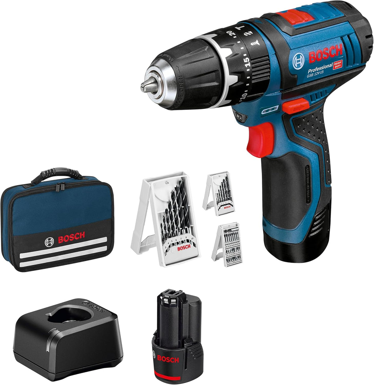 Bosch Professional 12V System Akku Schlagbohrschrauber GSB 12V-15 (Bohr-Ø Holz max: 19 mm, inkl. 2x 2.0Ah Akku + Ladegerät, 2x Bohrer-Set, 1x Bit-Set, Werkzeugtasche) - Amazon Exclusive
