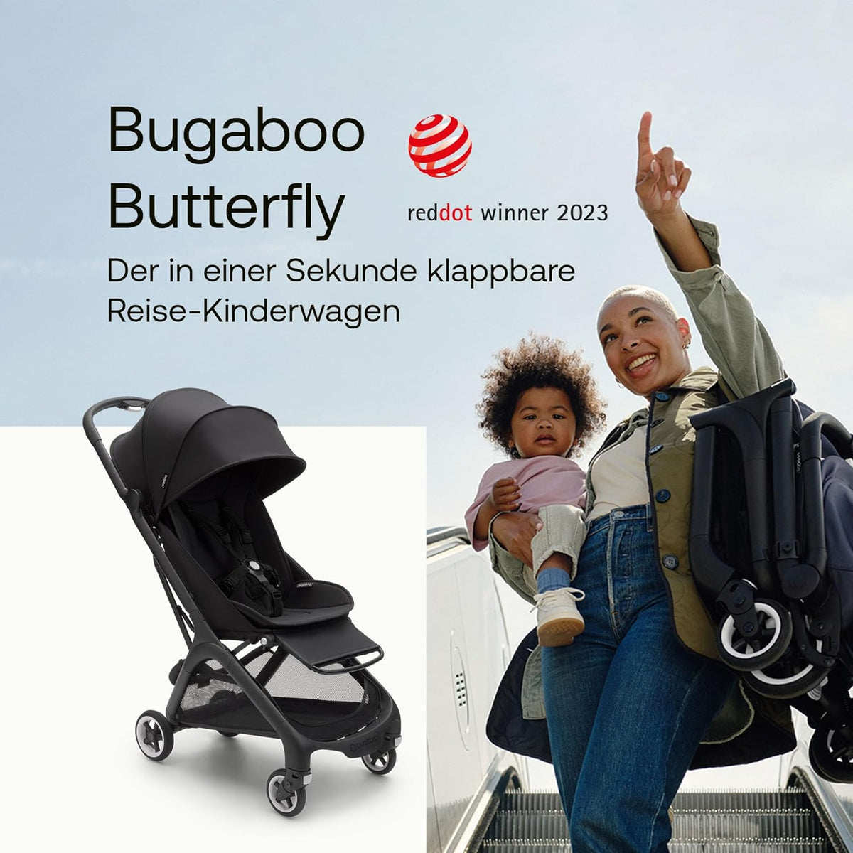Bugaboo Butterfly ultrakompakter Reise-Kinderwagen, klein & leicht, einhändig faltbar und einfach zu lenken, ergonomischer City-Buggy für Babys ab 6 Monaten, mit viel Stauraum, Stormy Blue