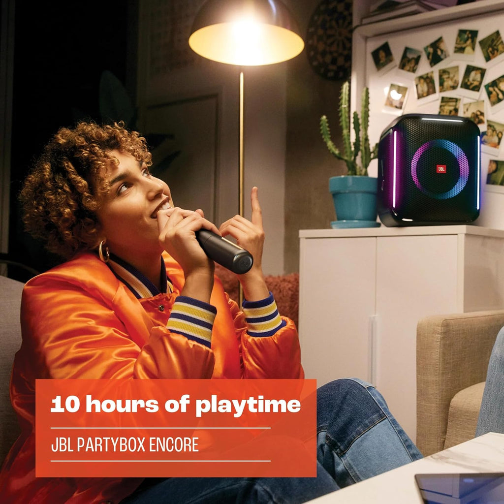 JBL PartyBox Encore – Tragbarer Party-Lautsprecher für drinnen und draußen – Mit eingebauten Lichtern, IPX4-Design und tiefem Bass – 10 Stunden Laufzeit – Schwarz