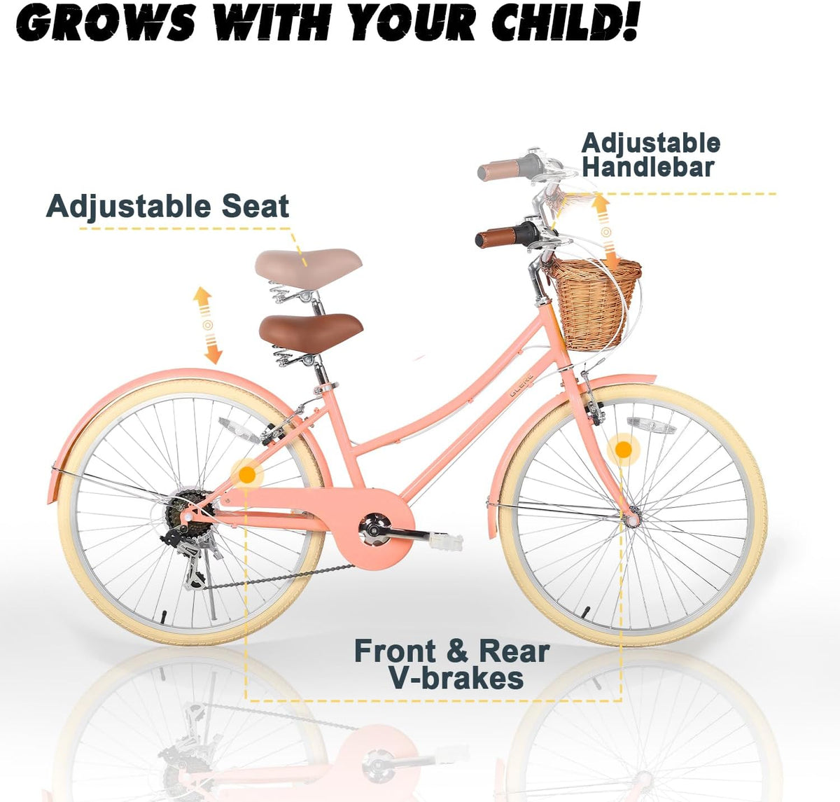 Glerc Missy 20 24 26 Zoll Mädchen City 6-Gang Hybrid Cruiser Fahrrad mit Weidenkorb für Jugend über 6-Jahre alt, mehrere Farben