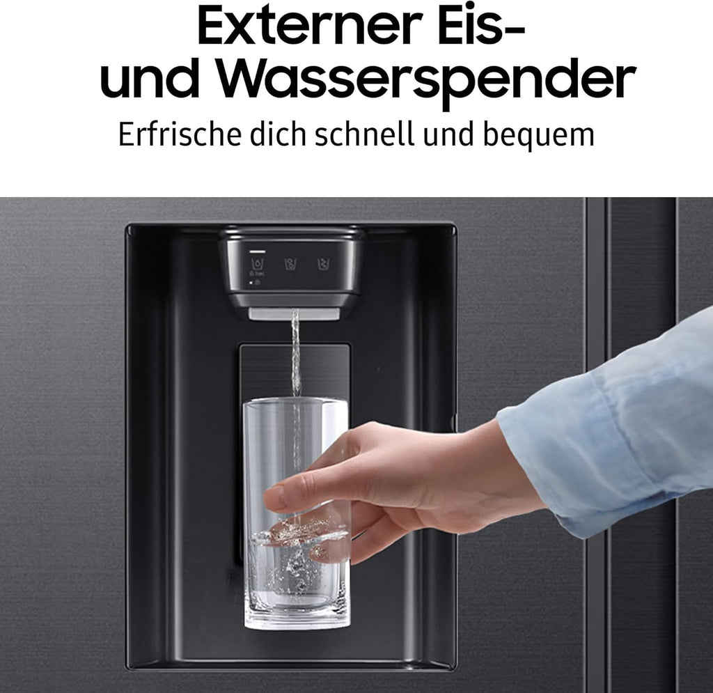 RS90F66BEFEF Side-by-Side Kühl-Gefrierkombination, AI Kühlschrank mit Gefrierfach, 178 cm, 614 l, Eis-/Wasserspender mit Wasseranschluss, Family Hub, AI Energy & Voice Control, Black Steel