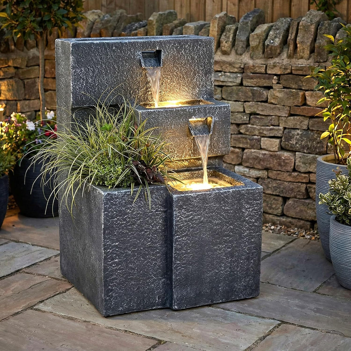 Springbrunnen "Grada" Bepflanzbar mit LED Beleuchtung, Wasserfall Gartenbrunnen Kaskade Terrassenbrunnen