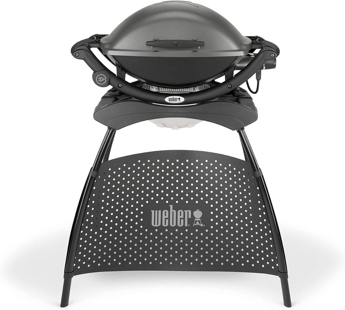 Weber Q2400 Elekrogrill mit Stand + Seitentischen, 54 x 39cm Grillfäche, portable, 2-geteilter porzellanemaillierter Guss-Grillrost, Aluminiumguss Deckel & Gehäuse - Dark Grey (55020879)