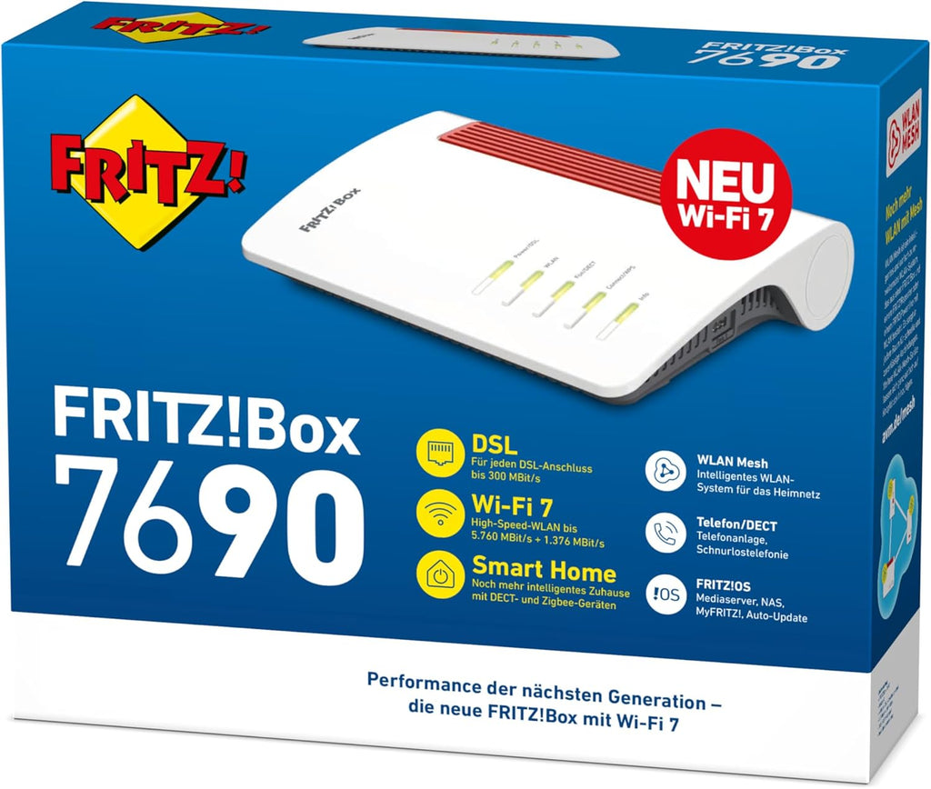 FRITZ!Box 7690 (Wi-Fi 7 DSL-Router mit 5.760 MBit/s (5GHz) & 1.376 MBit/s (2,4 GHz), bis zu 300 MBit/s mit VDSL-Supervectoring und ADSL2+, WLAN Mesh, DECT-Basis, deutschsprachige Version)