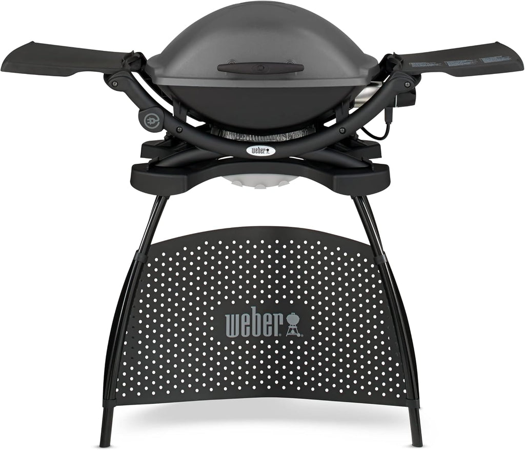 Weber Q2400 Elekrogrill mit Stand + Seitentischen, 54 x 39cm Grillfäche, portable, 2-geteilter porzellanemaillierter Guss-Grillrost, Aluminiumguss Deckel & Gehäuse - Dark Grey (55020879)