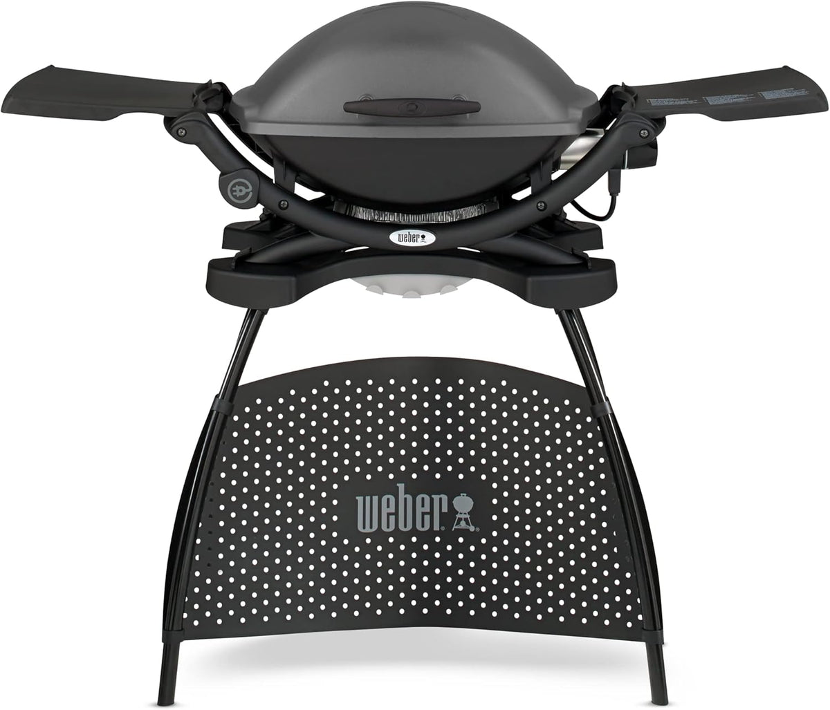 Weber Q2400 Elekrogrill mit Stand + Seitentischen, 54 x 39cm Grillfäche, portable, 2-geteilter porzellanemaillierter Guss-Grillrost, Aluminiumguss Deckel & Gehäuse - Dark Grey (55020879)