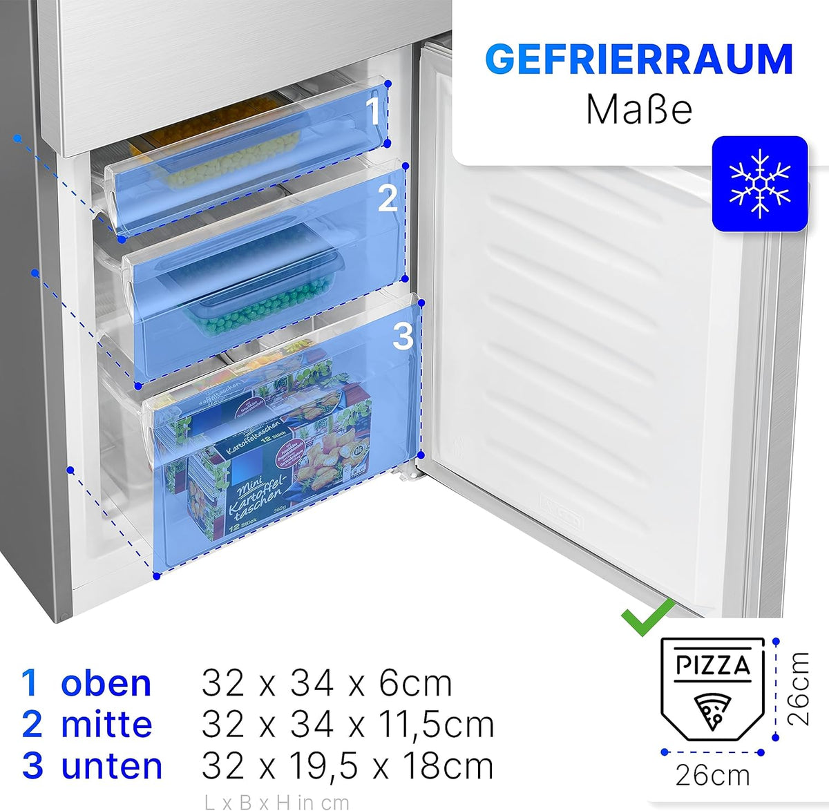 Bomann® Kühlschrank mit Gefrierfach 143cm hoch | Kühl Gefrierkombination 175L mit 3 Ablagen & 3 Schubladen | Türanschlag wechselbar | leise Kühlgefrierkombi 39db | Kühlschrank KG 322.1 inox-look
