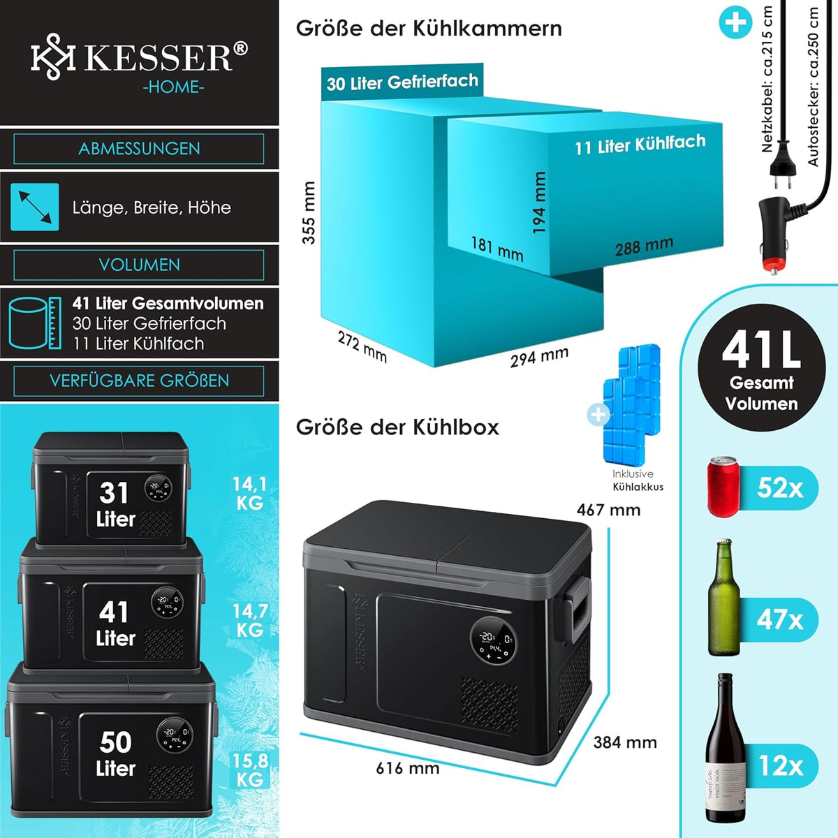 KESSER® Kompressor Kühlbox 2in1 Doppelzone Kühl & Gefrierfach elektrische Gefrierbox mit 2x Kühlakkus & LED-Touch-Bedienung | Kühlschrank Kühlung bis -20 °C für Camping, Auto, Lkw 12/24V 230V