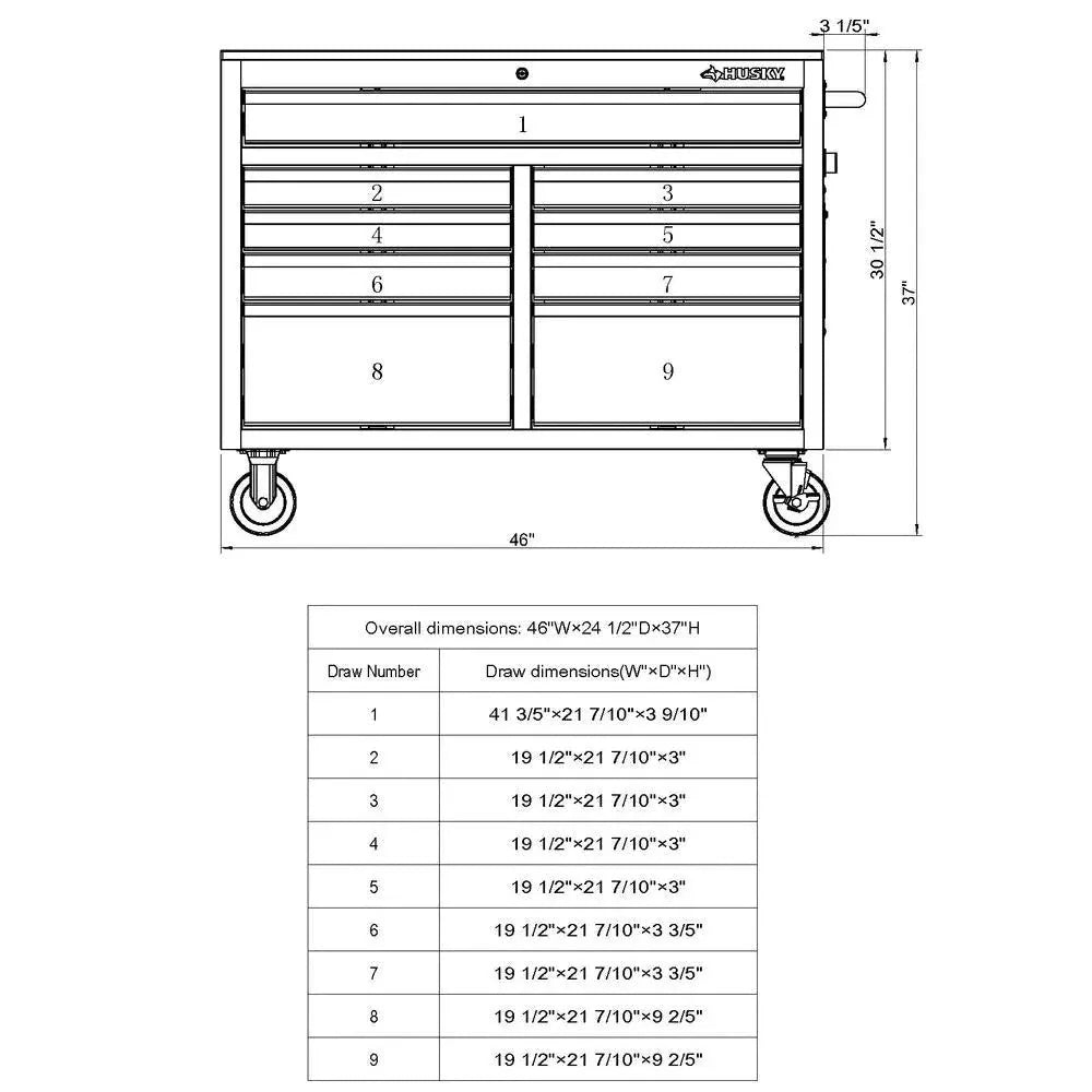 46 Zoll B x 24 Zoll T, tiefer Werkzeugkasten mit 9 Schubladen, glänzend schwarz, mobile Werkbank