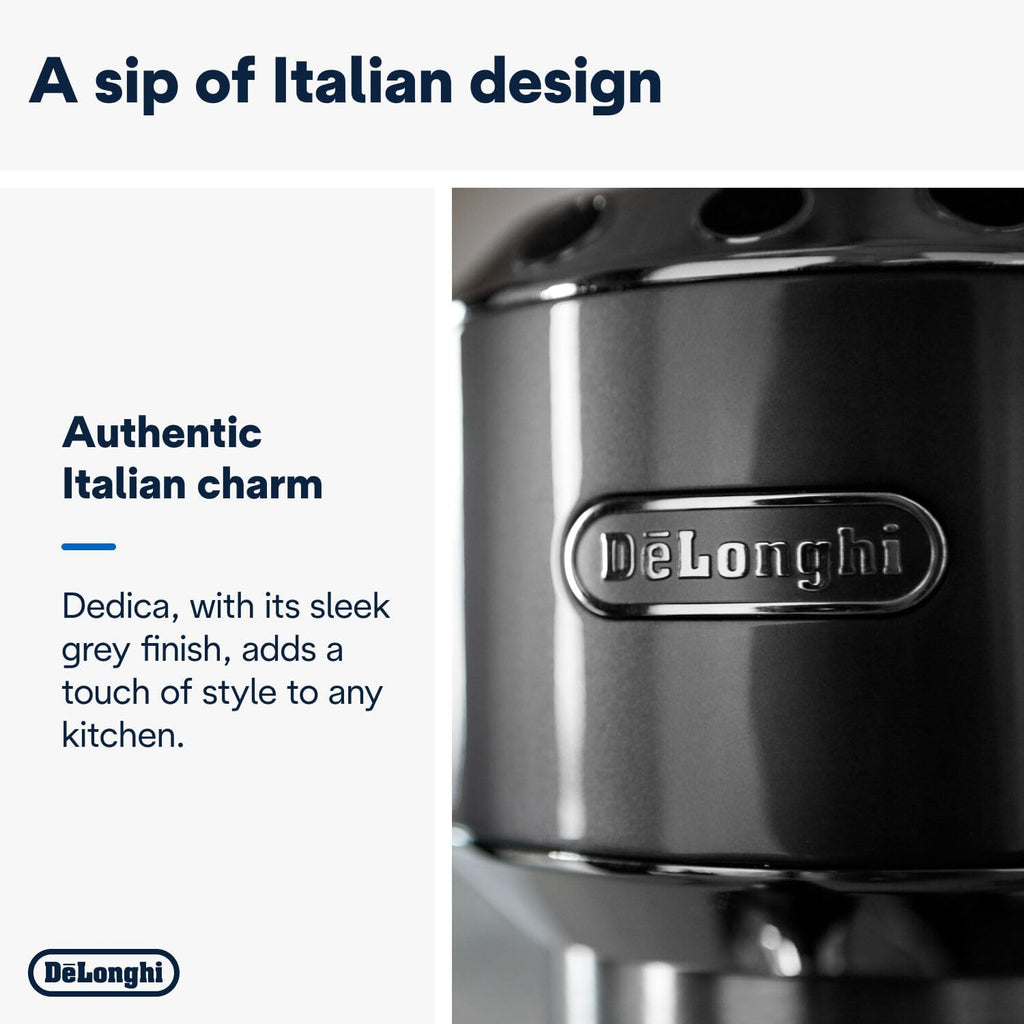 De'Longhi Dedica Style EC 685.M – Espresso Siebtrgermaschine, Espressomaschine mit professionellem Milchaufschumer, nur 15 cm breit, für Kaffeepulver oder ESE Pads, 1 l Wassertank, silber