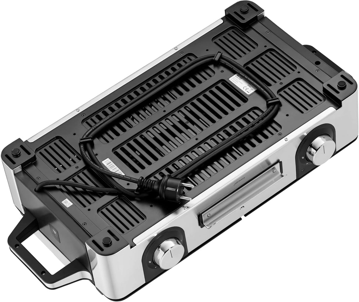 WMF Lono Master-Grill, Elektrogrill, 50x28 cm, Elektrogrill Tischgrill mit Windschutz und Auffangschale, Outdoorzertifiziert für Barbecue, 2 getrennt regulierbare Grillflächen, 2400 W, edelstahl matt