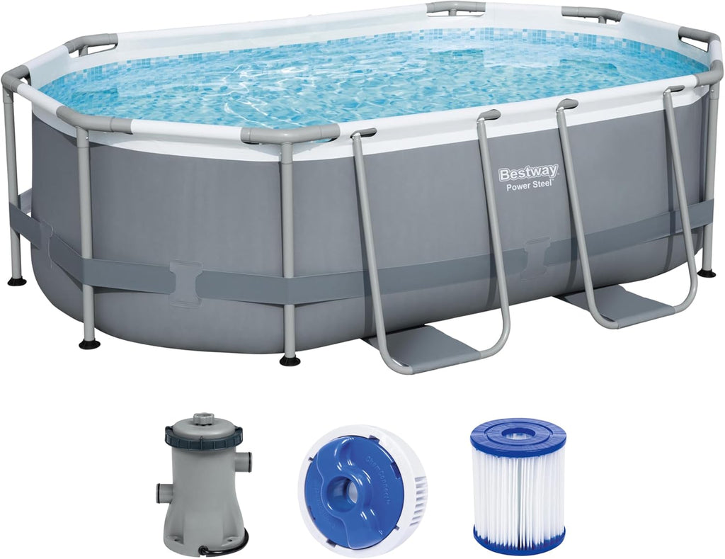 Bestway Power Steel Frame Pool Set, oval, mit Filterpumpe 305 x 200 x 84 cm, grau, 5614A