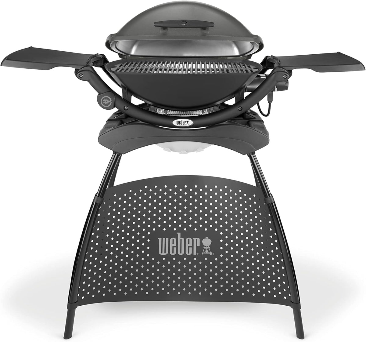 Weber Q2400 Elekrogrill mit Stand + Seitentischen, 54 x 39cm Grillfäche, portable, 2-geteilter porzellanemaillierter Guss-Grillrost, Aluminiumguss Deckel & Gehäuse - Dark Grey (55020879)