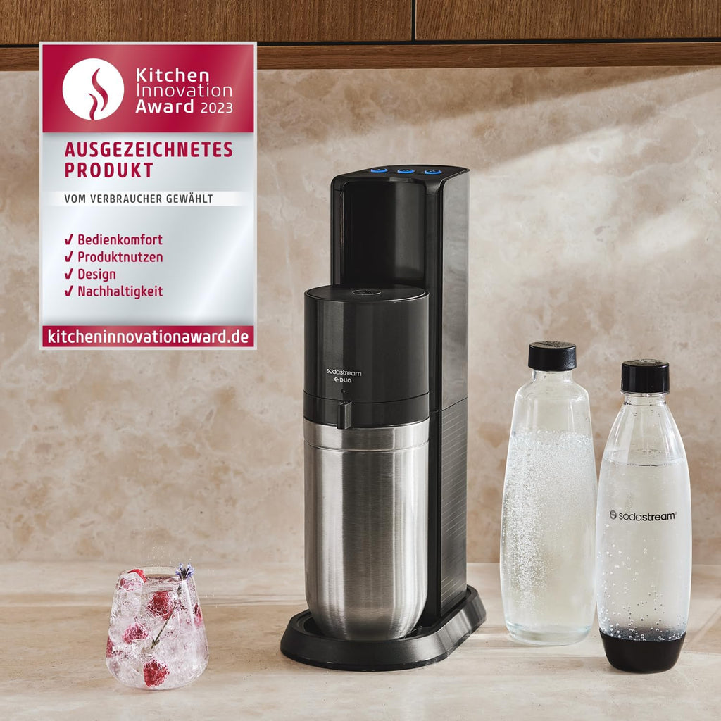 SodaStream elektrischer Wassersprudler E-DUO mit Quick-Connect CO2-Zylinder| inkl. 1x 1L Glasflasche und 2x 1L FUSE Kunststoffflasche (spülmaschinengeeignet) | Farbe: Titan