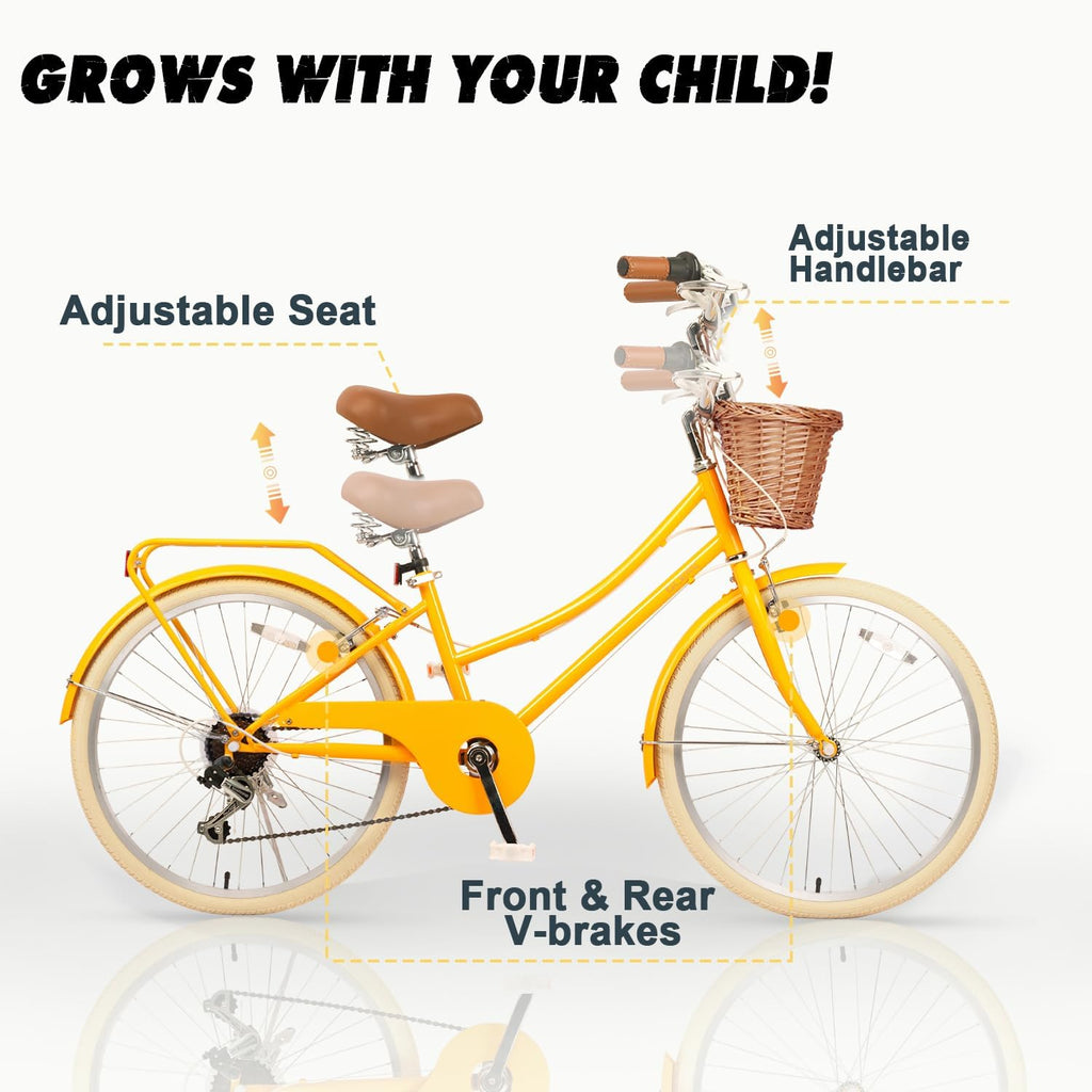 Glerc Missy 20 24 26 Zoll Mädchen City 6-Gang Hybrid Cruiser Fahrrad mit Weidenkorb für Jugend über 6-Jahre alt, mehrere Farben