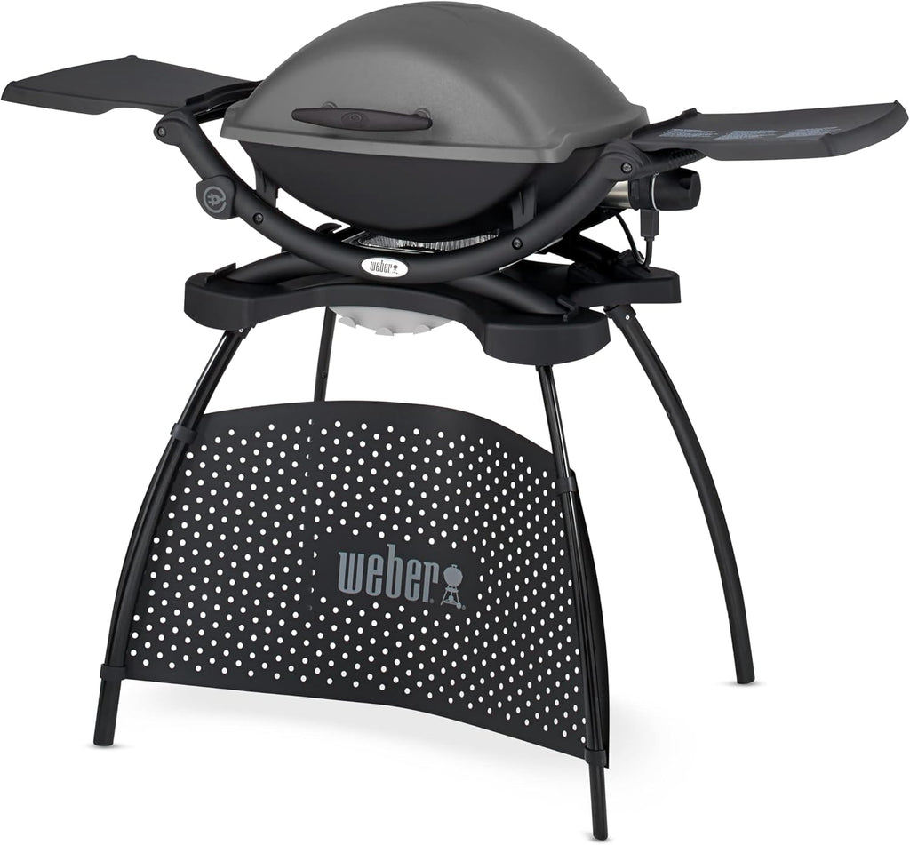 Weber Q2400 Elekrogrill mit Stand + Seitentischen, 54 x 39cm Grillfäche, portable, 2-geteilter porzellanemaillierter Guss-Grillrost, Aluminiumguss Deckel & Gehäuse - Dark Grey (55020879)